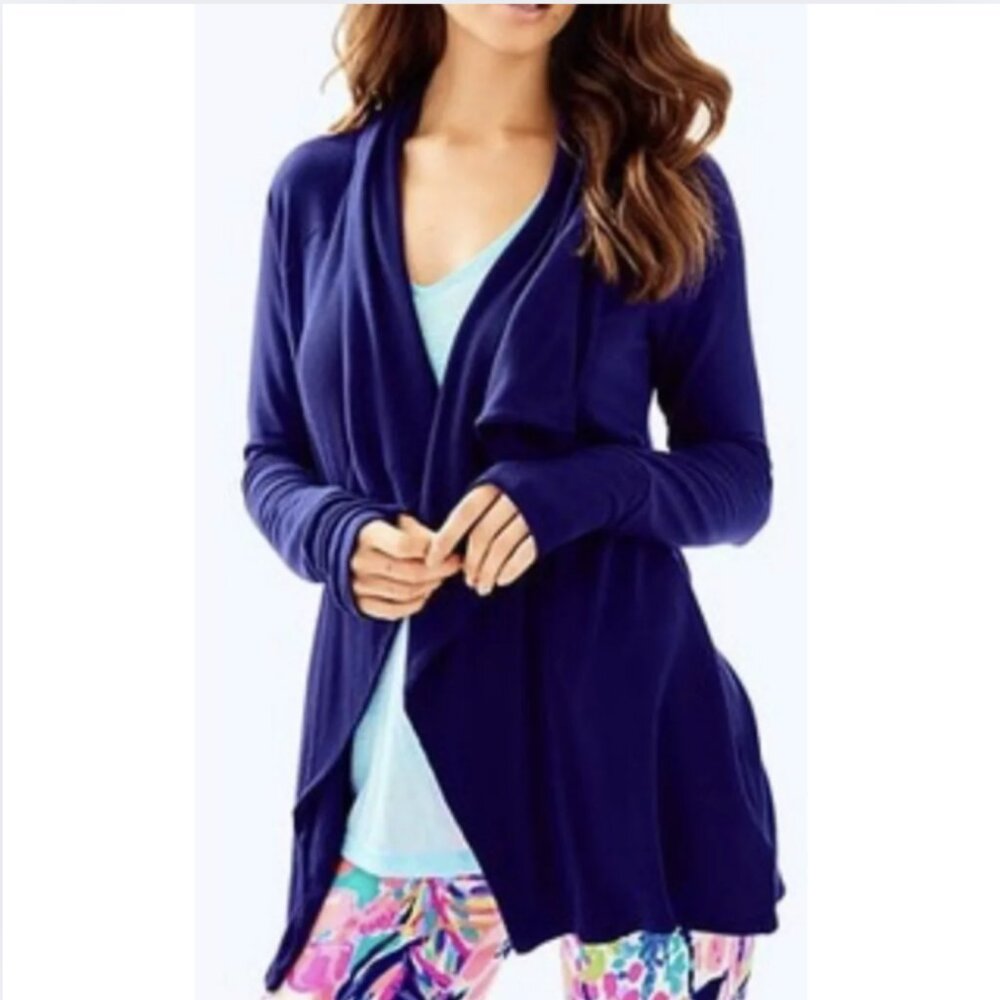 Lilly Pulitzer Elyssa Waterfall Wrap True Navy Luxletic‎ Sweater Cardigan Small - Picture 2 of 8